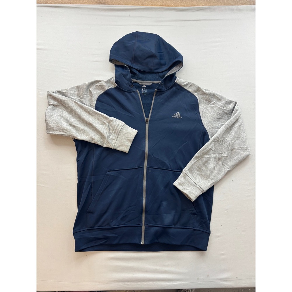 Adidas Climawarm Mens Large Full Zip Hoodie Navy Blue Heather Grey Raglan Sleeve